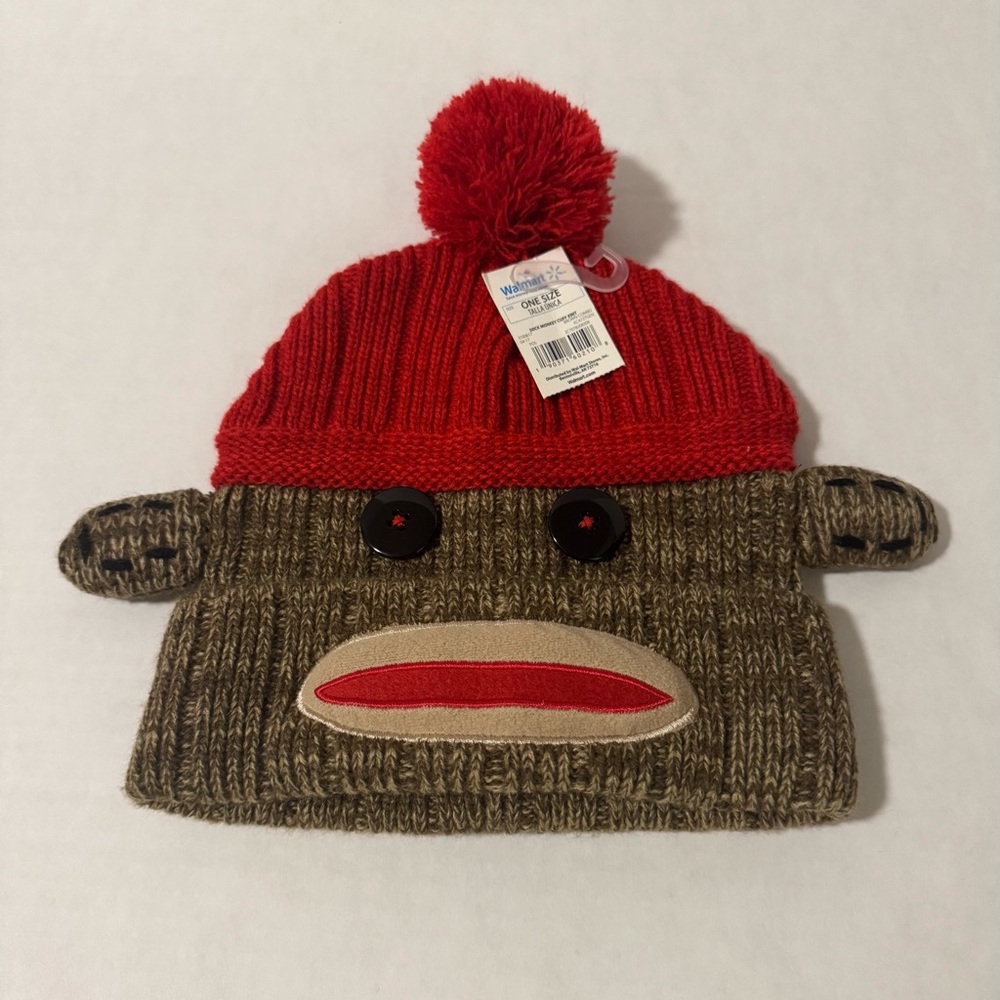 Red and Brown Knit Sock Monkey Hat one size